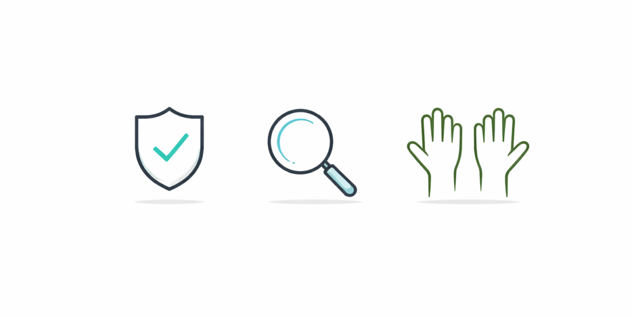 Minimal white banner with three line icons: a shield with a check mark, a magnifying glass, and raised hands, representing safety, search, and community exchange.
