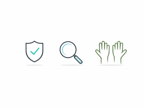 Minimal white banner with three line icons: a shield with a check mark, a magnifying glass, and raised hands, representing safety, search, and community exchange.