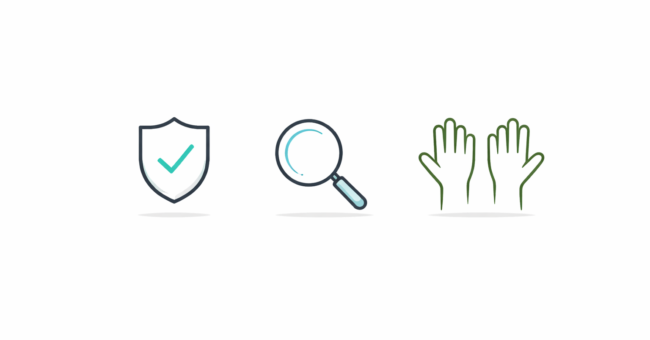 Minimal white banner with three line icons: a shield with a check mark, a magnifying glass, and raised hands, representing safety, search, and community exchange.