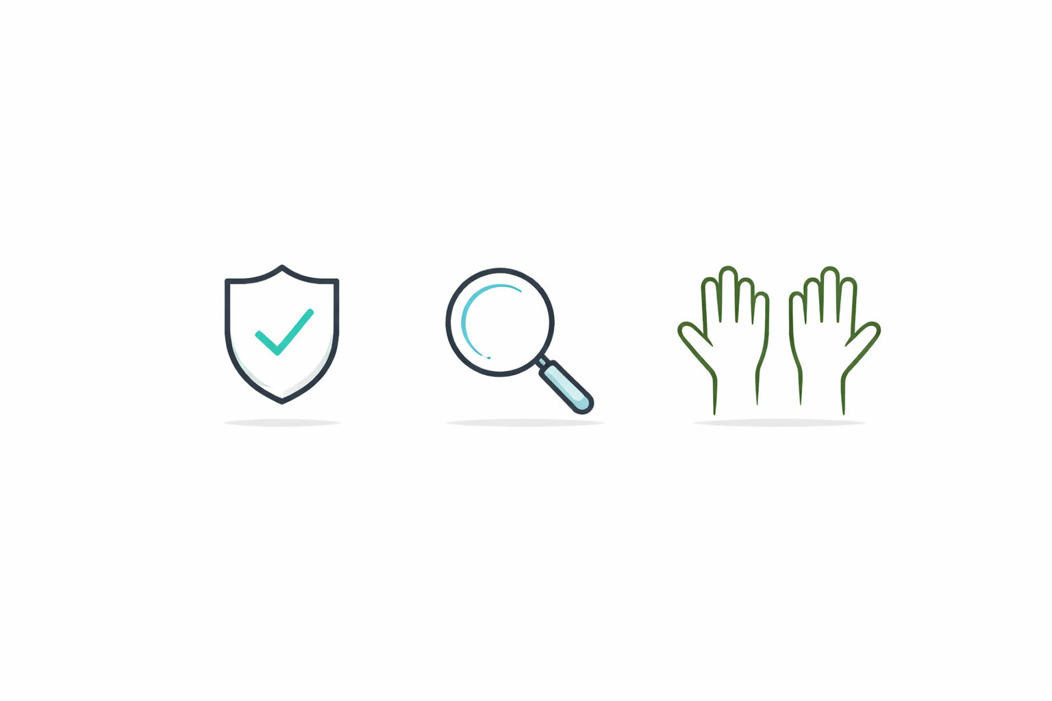 Minimal white banner with three line icons: a shield with a check mark, a magnifying glass, and raised hands, representing safety, search, and community exchange.