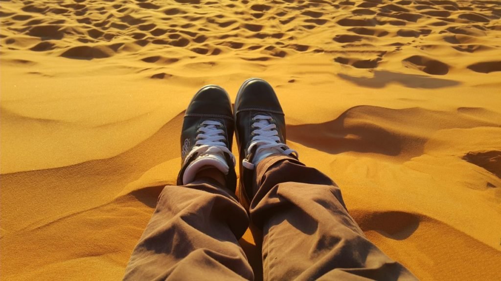 relax peacefu golden sands sahara tired sunset shoes merzuga morocco