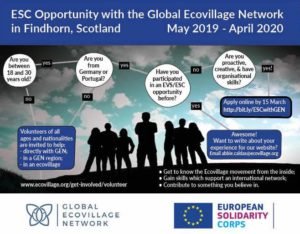European Solidarity Corps volunteer opportunity with the Global Ecovillage Network in Findhorn, Scotland - one-year ESC programme for young people from Germany and Portugal to gain experience in sustainability, community living, and NGO work.