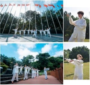 Qixing Au Pair China participants in Shenzhen practice Tai Chi outdoors in traditional white uniforms during a cultural exchange workshop.