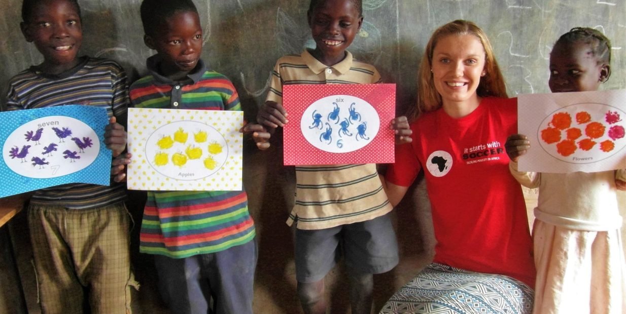 Volunteer teaching art to children at a community school in Livingstone, Zambia – creative education and cultural exchange.