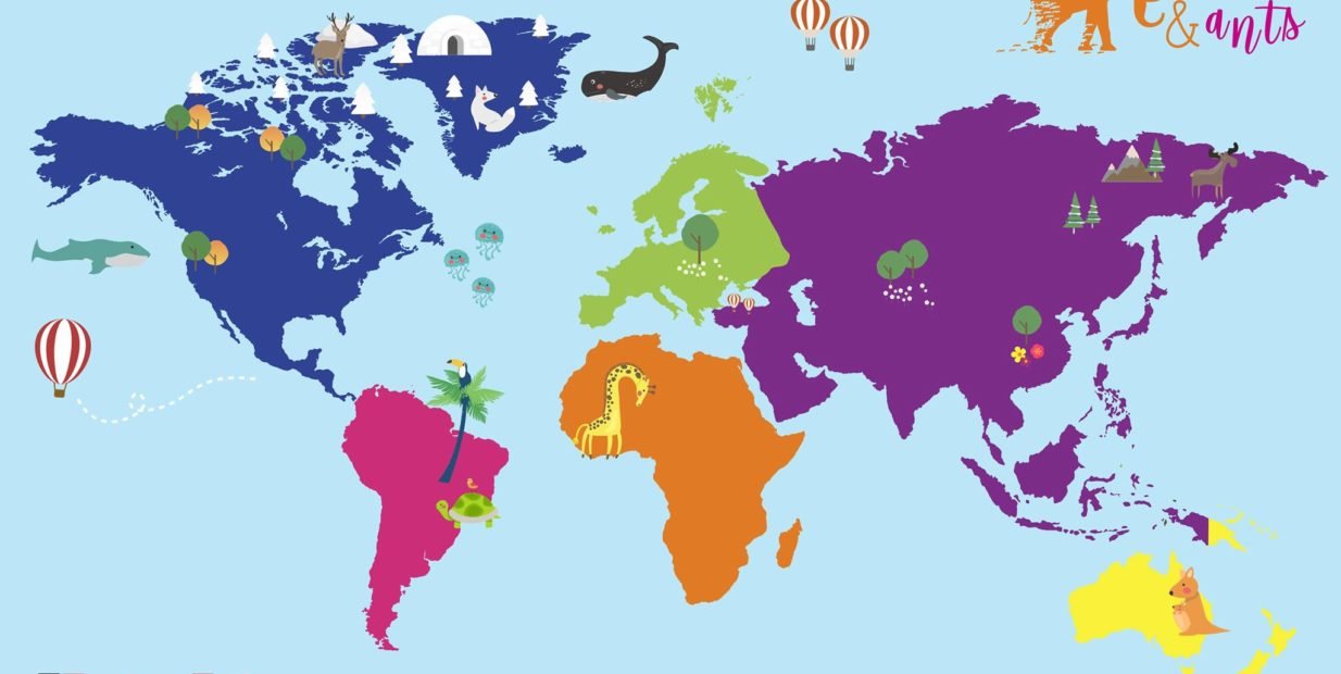 Illustrated world map with colorful continents and animals used for the Elephant and Ants postcard project for kids in Lombok, Indonesia