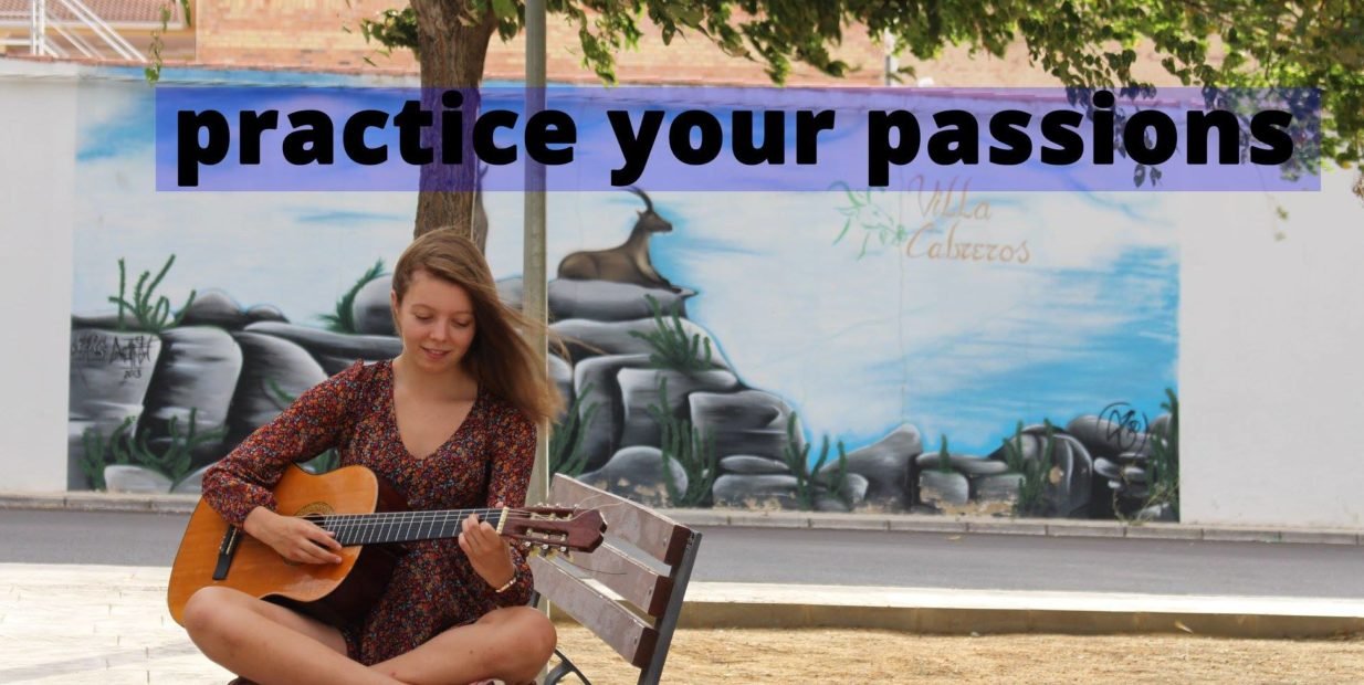 Young volunteer playing guitar on a bench in a small Andalusian town, mural in the background, text saying practice your passions