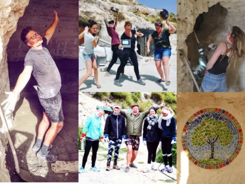 Volunteers smiling, working, and having fun while renovating an eco-friendly cave house in Andalusia, Spain. Activities include construction, creativity, and team-building in a natural, off-grid environment.
