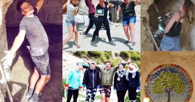 Volunteers smiling, working, and having fun while renovating an eco-friendly cave house in Andalusia, Spain. Activities include construction, creativity, and team-building in a natural, off-grid environment.