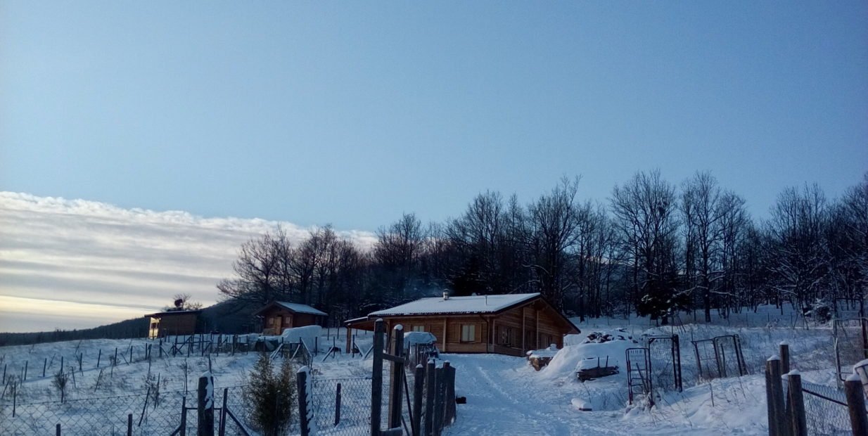 Snowy wooden house and fenced land in the Lucano Apennines, Basilicata, Italy, part of a self-sufficient volunteer project and hospitality exchange for people interested in volunteering, off grid and alternative lifestyles.