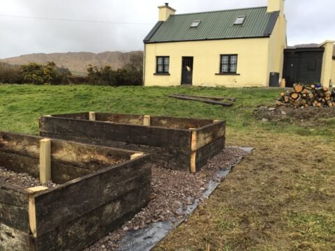 Raised garden beds in front of a small cottage in a rural landscape, a farm exchange and gardening volunteer project. Volunteering in Ireland, sustainable gardening, Voluntouring.