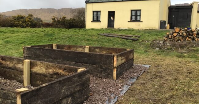 Raised garden beds in front of a small cottage in a rural landscape, a farm exchange and gardening volunteer project. Volunteering in Ireland, sustainable gardening, Voluntouring.