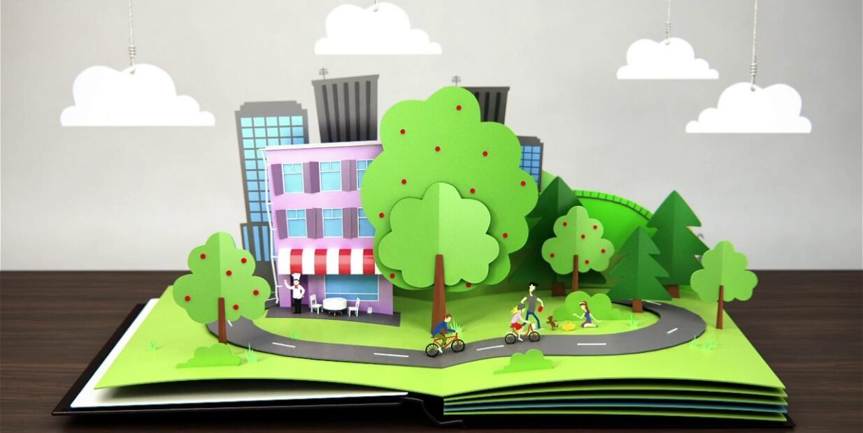 Illustration of a green city with trees, bike paths, and sustainable buildings, representing the European Green Capital Award.