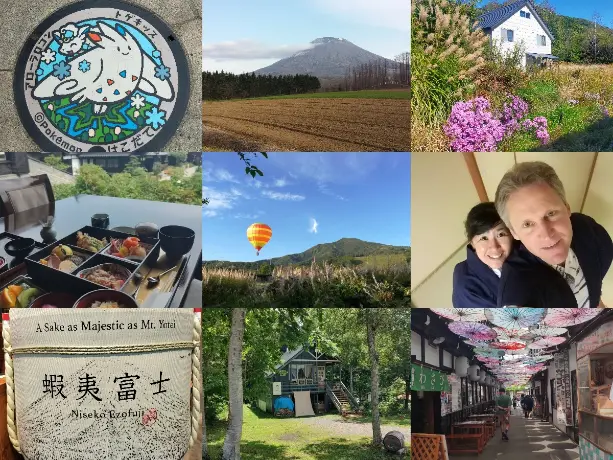 Collage of images from Niseko, Hokkaido, Japan, including Mount Yotei, local food, traditional Japanese street scenes, a countryside house, hot air balloon, sake barrel, and the volunteer hosts Scott and Sanae Walker. 