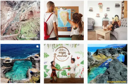 Collage of photos from Vagamundo Hostel in La Palma, showing volunteers exploring the island, pointing at a world map, relaxing in the lounge, and enjoying coastal natural pools near the hostel.
