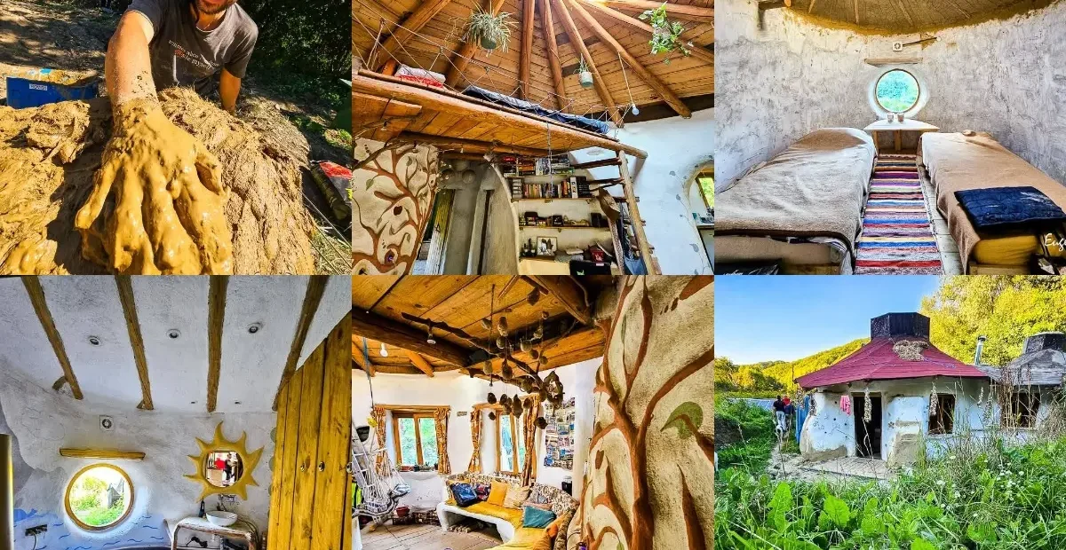 Volunteer mixing clay at a natural building and earthbag home project in rural Romania, with handmade wooden interiors, round windows, forest surroundings and simple accommodation for volunteers.