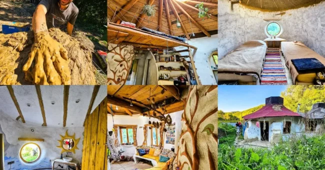 Volunteer mixing clay at a natural building and earthbag home project in rural Romania, with handmade wooden interiors, round windows, forest surroundings and simple accommodation for volunteers.