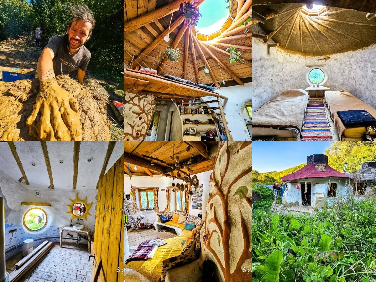 Volunteer mixing clay at a natural building and earthbag home project in rural Romania, with handmade wooden interiors, round windows, forest surroundings and simple accommodation for volunteers.