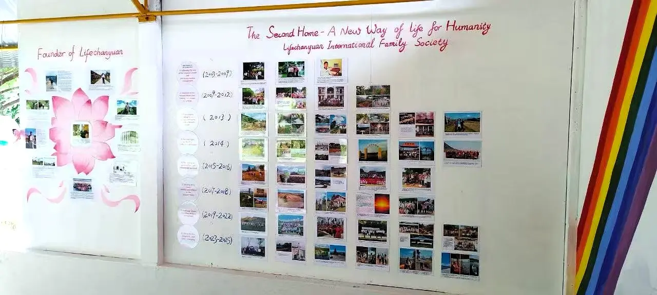 Information wall at Life Chanyuan International Family Society showing the history of the Second Home ecovillage and its volunteer project in Thailand.
