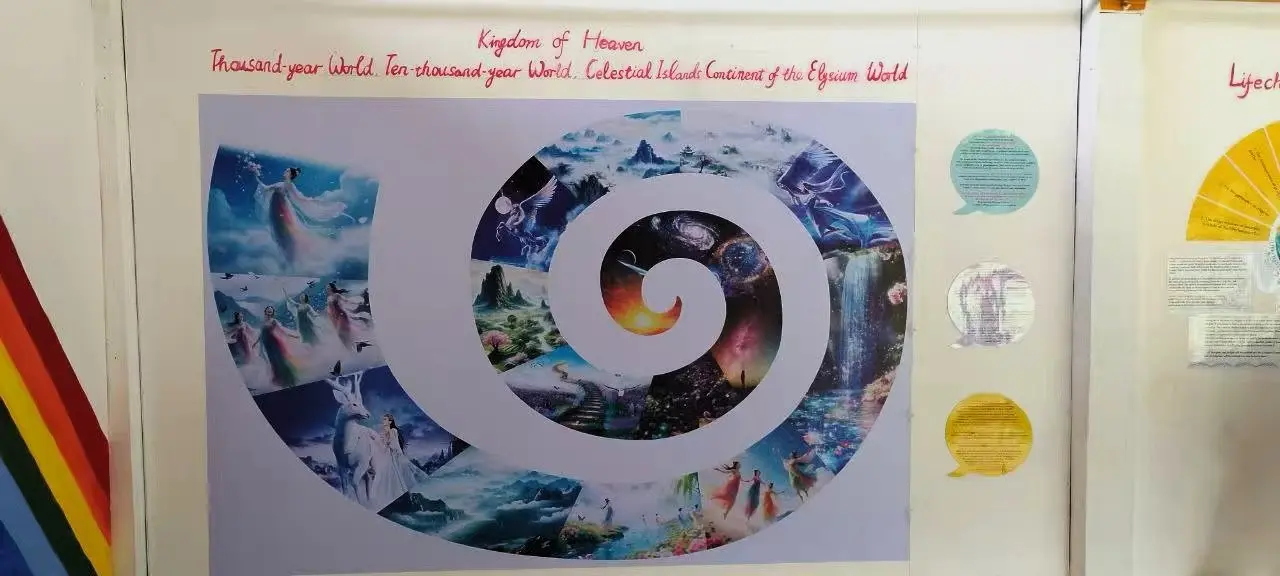 Spiral artwork titled Kingdom of Heaven on the wall at Lifechanyuan ecovillage in Thailand, showing fantasy landscapes and celestial worlds.