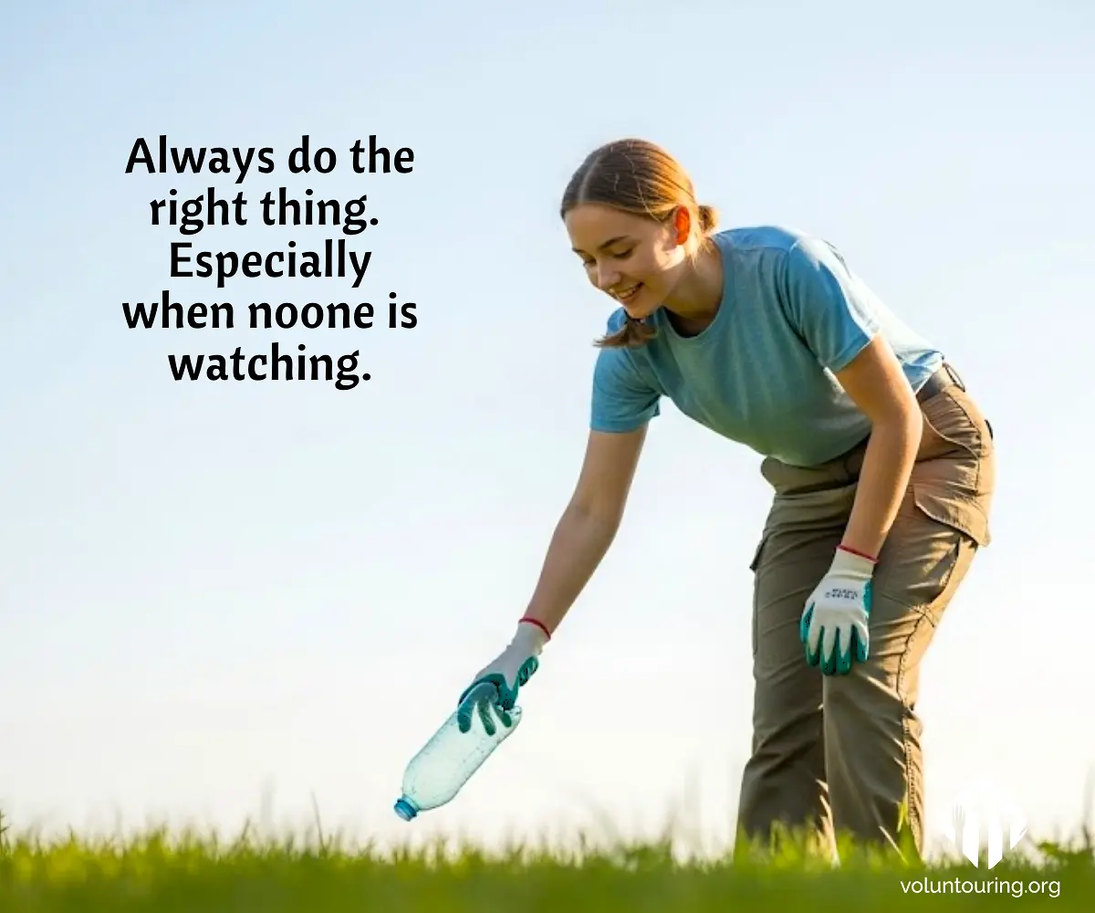 Young woman picking up plastic bottle from grass field while volunteering, with quote 'Always do the right thing. Especially when no one is watching.' promoting environmental responsibility and integrity.