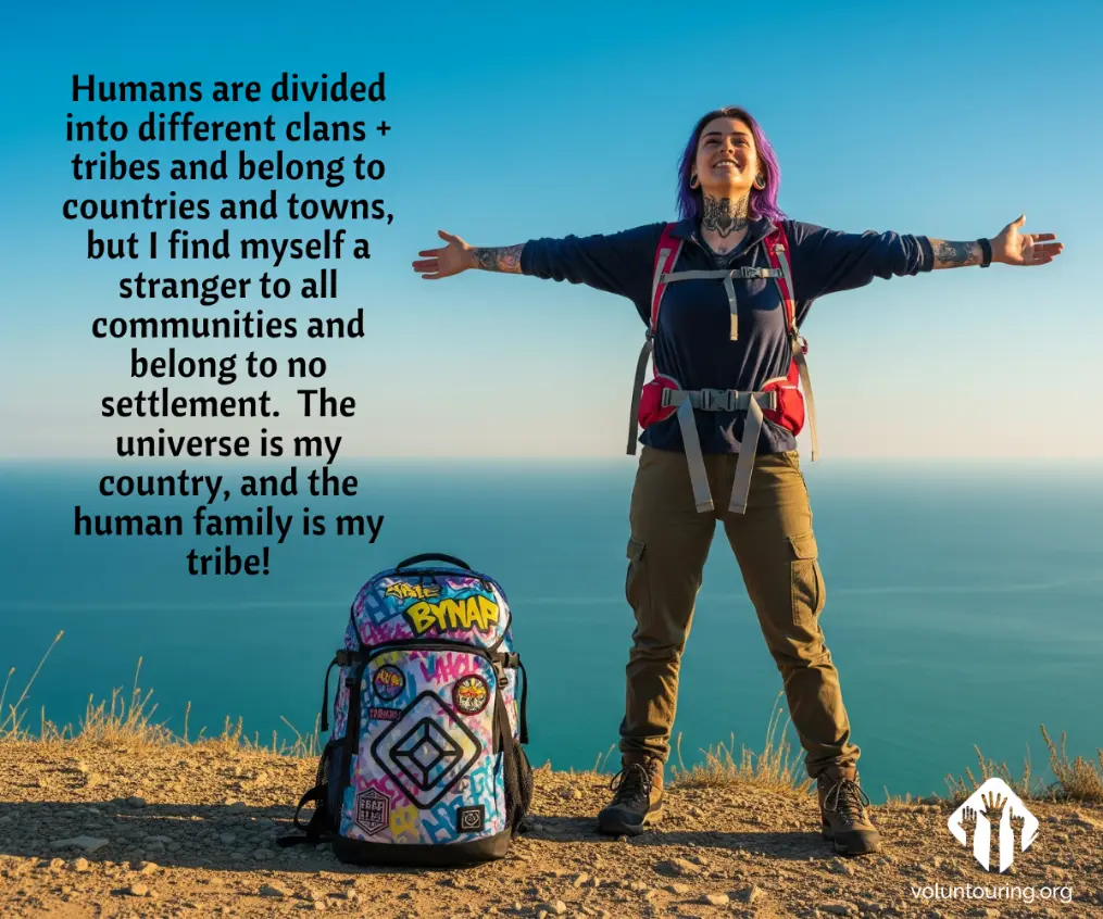 Backpacker with colorful travel gear standing on a cliffside with arms outstretched, overlooking the ocean at sunset, with a quote about global unity and belonging to the human family from voluntouring.org.