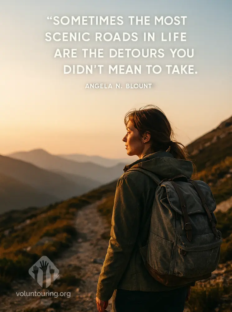 Female backpacker standing on a mountain trail at sunset, soft golden light over rolling hills. Quote on the image reads, “Sometimes the most scenic roads in life are the detours you didn’t mean to take” by Angela N. Blount.
