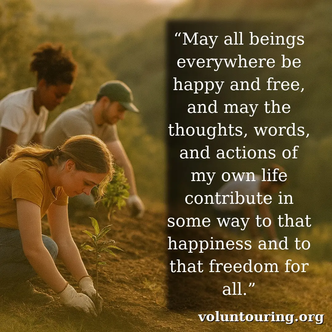 Volunteers planting young trees at sunset on a hillside. Overlaid text reads, “May all beings everywhere be happy and free, and may the thoughts, words, and actions of my own life contribute in some way to that happiness and to that freedom for all.”