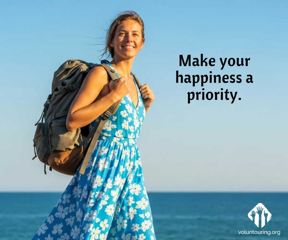 Smiling woman wearing a blue floral dress and backpack by the sea with text 'Make your happiness a priority