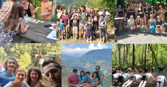 Collage of volunteers, families, and children participating in outdoor activities, group meals, and nature games at Fundacija-Narava in the Slovenian countryside (Social Intercultural Community Farm Narava EU Foundation).