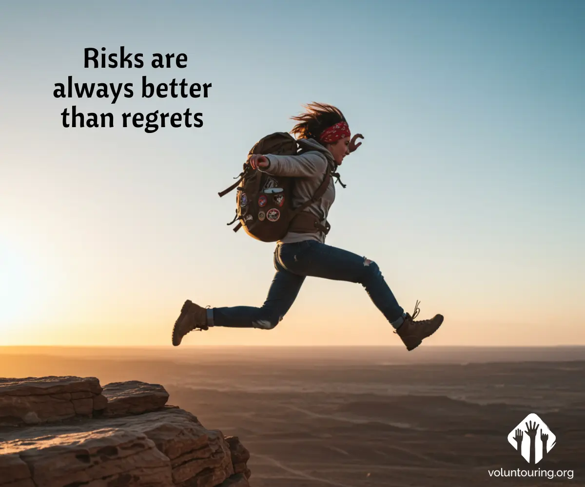 quote, long-term alternative traveler mid-jump off a rocky cliff edge into open air