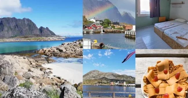 Collage of Skrova, Norway: rocky Arctic beach, colorful harbor with rainbow, simple guesthouse room, traditional Norwegian waffles, and coastal island views. food and accommodation, room and board, hospitality exchange, volunteering,