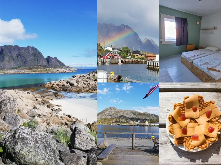 Collage of Skrova, Norway: rocky Arctic beach, colorful harbor with rainbow, simple guesthouse room, traditional Norwegian waffles, and coastal island views. food and accommodation, room and board, hospitality exchange, volunteering,