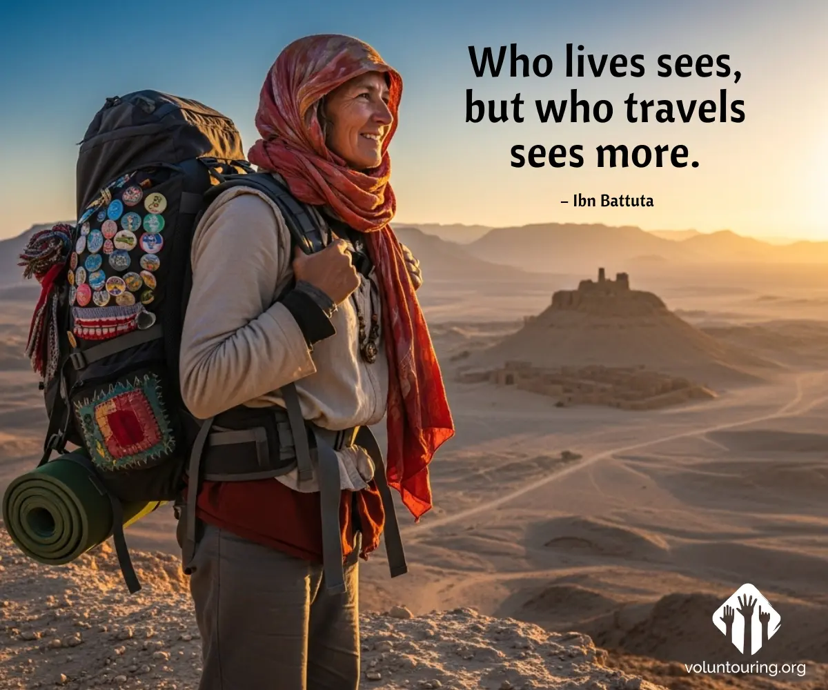 Smiling female backpacker wearing an exotic veil and colorful travel gear stands in a desert landscape at sunset, with ancient ruins in the background. Overlaid quote by Ibn Battuta reads: 'Who lives sees, but who travels sees more.' Image from Voluntouring.org.