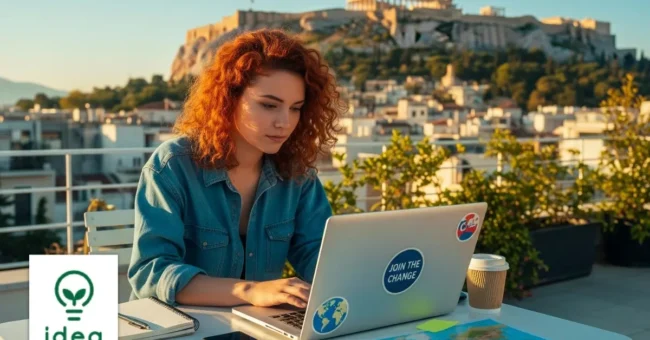 Young woman working remotely on a laptop with the Acropolis of Athens in the background, representing I.D.E.A.’s social media internship with travel and remote work opportunities.