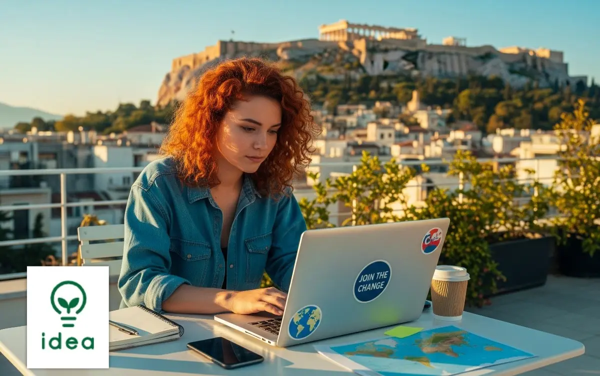 Young woman working remotely on a laptop with the Acropolis of Athens in the background, representing I.D.E.A.’s social media internship with travel and remote work opportunities.