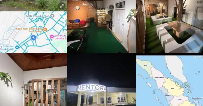 Collage showing Mentora School in Payakumbuh, Indonesia, including classroom interiors, dormitory space, maps of the location, and the school’s front entrance at night.