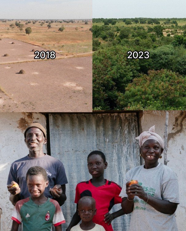 The Seck family smiling in front of their restored land in Senegal