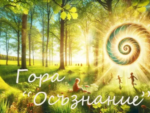 A dreamlike forest scene representing Gora Osaznanie, a Bulgarian nature-based retreat. The image shows children playing among trees, sunlight streaming through the forest, and a glowing spiral symbolizing inner growth and consciousness.