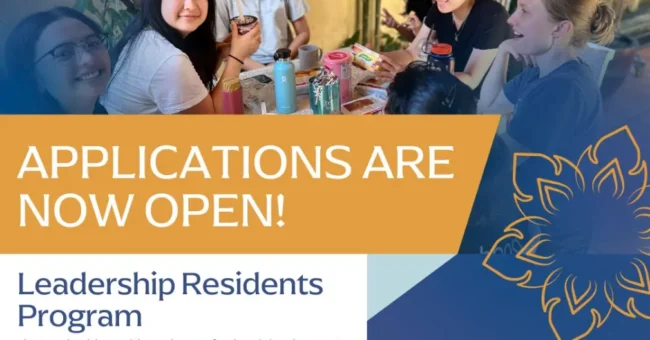 Group of diverse young women sharing a meal and smiling at Harpswell's leadership center in Phnom Penh, promoting the Leadership Residents Program with applications now open