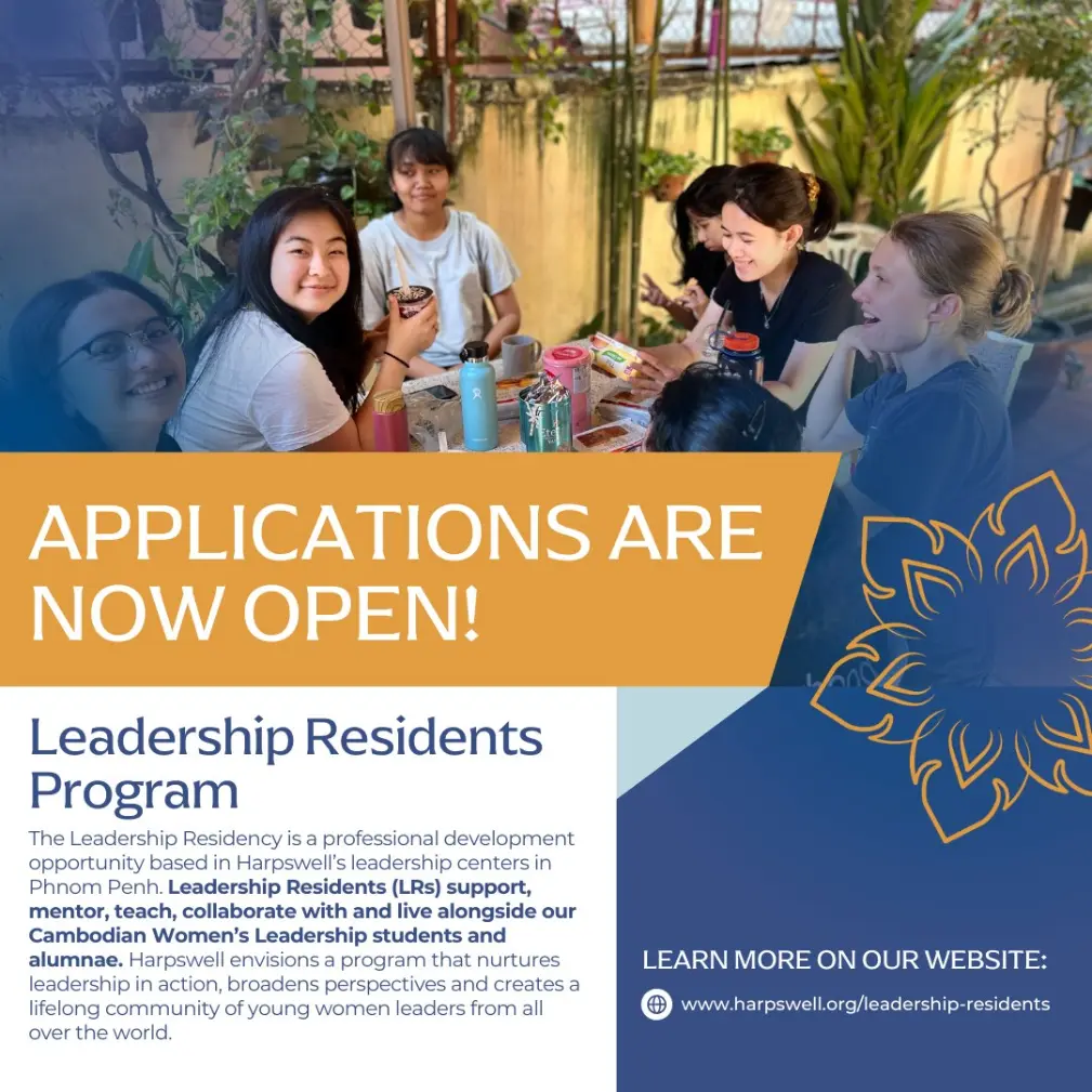 Group of diverse young women sharing a meal and smiling at Harpswell's leadership center in Phnom Penh, promoting the Leadership Residents Program with applications now open