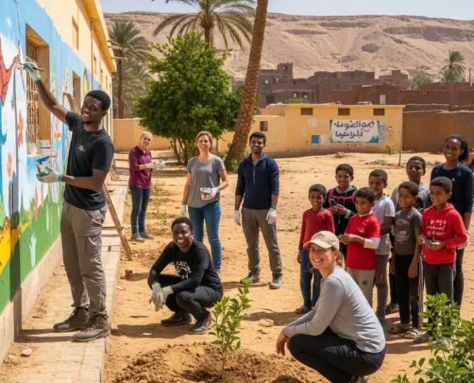 International volunteers painting a school wall and planting trees with local children in a rural Egyptian village, with desert hills and palm trees in the background.