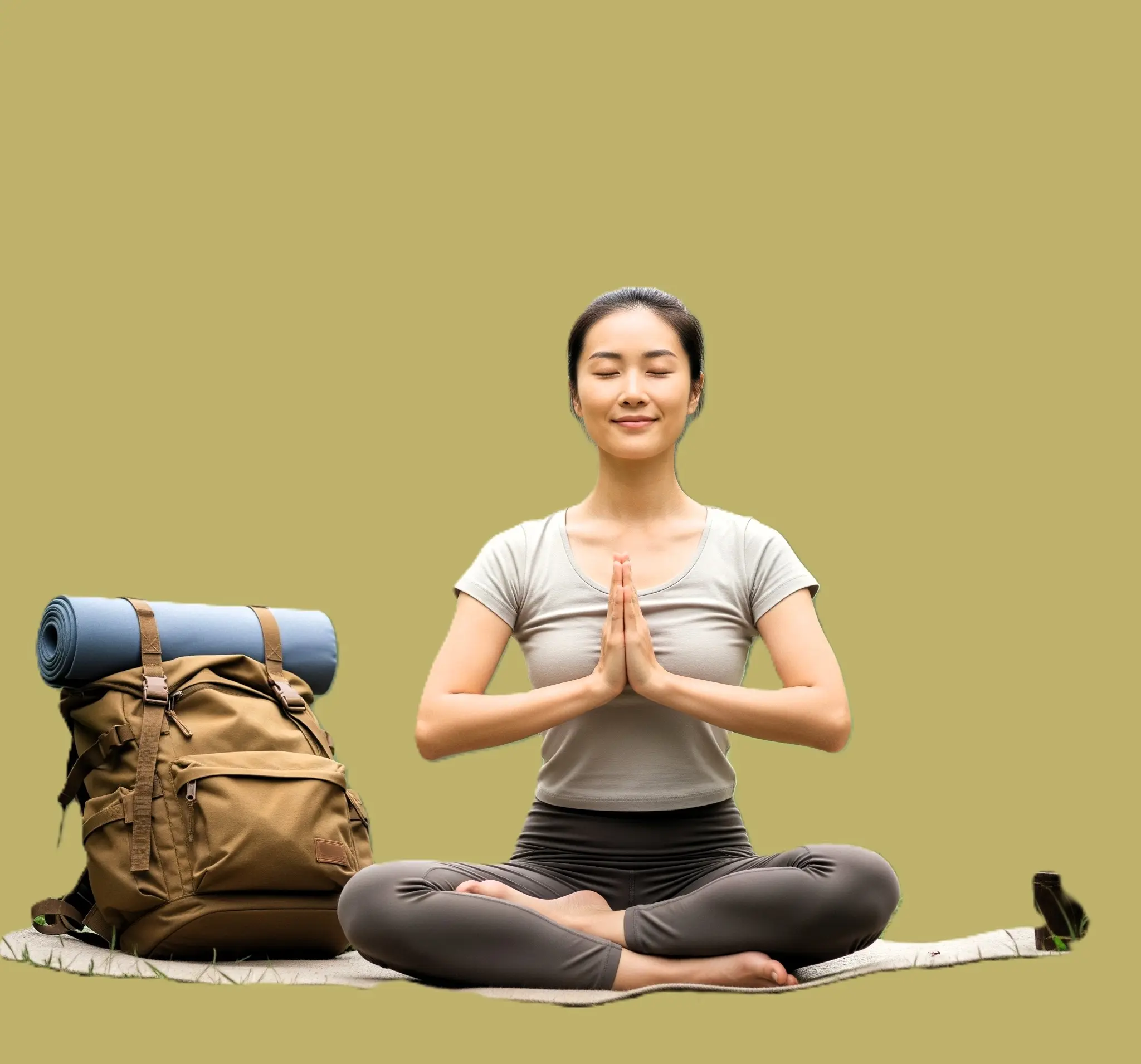 A woman sitting in a meditative pose with eyes closed, practicing yoga outdoors beside a backpack and a rolled-up yoga mat, symbolizing wellness volunteering and mindful travel around the world.