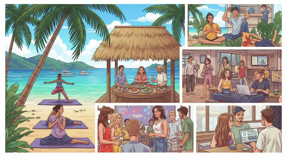 A vibrant illustrated collage showing life at a tropical volunteer hub like Selina Serenity Rawai in Phuket. The scene includes beach yoga, group meditation, shared outdoor meals, creative coworking spaces, and social events — reflecting a community-centered lifestyle for travelers, digital nomads, and wellness volunteers.