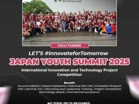 Promotional poster for Japan Youth Summit 2025, showing a group of international participants outside the Kyoto Railway Museum, with event details highlighting a fully funded innovation and leadership program for global youth.