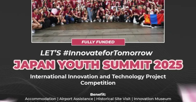 Promotional poster for Japan Youth Summit 2025, showing a group of international participants outside the Kyoto Railway Museum, with event details highlighting a fully funded innovation and leadership program for global youth.