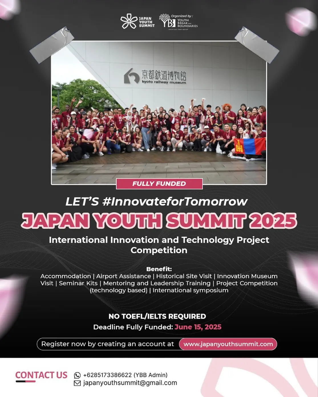 Promotional poster for Japan Youth Summit 2025, showing a group of international participants outside the Kyoto Railway Museum, with event details highlighting a fully funded innovation and leadership program for global youth.