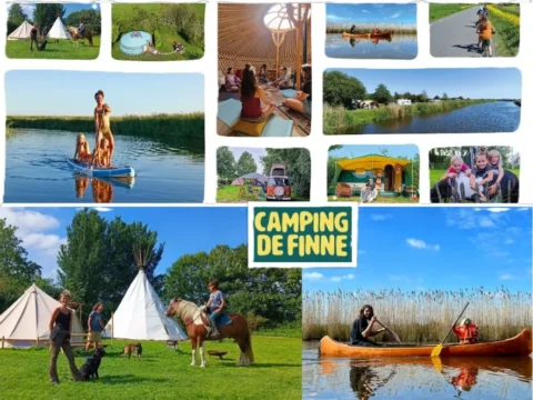 Collage of outdoor activities at Camping De Finne in Friesland, Netherlands, featuring paddleboarding, canoeing, horseback riding, yoga, tipi tents, and volunteers enjoying nature at a small family-run campsite.