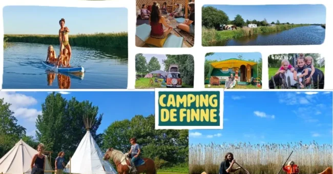 Collage of outdoor activities at Camping De Finne in Friesland, Netherlands, featuring paddleboarding, canoeing, horseback riding, yoga, tipi tents, and volunteers enjoying nature at a small family-run campsite.