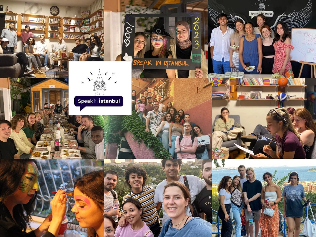 Collage of international volunteers and Turkish students at Speak in Istanbul language center, engaging in cultural exchange, English lessons, social events, and group activities in Istanbul, Turkey.