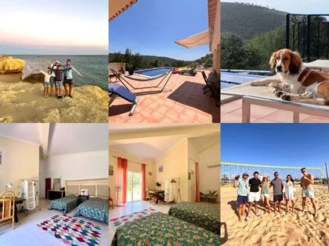 Scenes from daily life with a creative conscious family in the Algarve, Portugal — family by the sea, hammock and poolside view, friendly dog on the terrace, cozy volunteer bedrooms, and group playing volleyball on the beach.